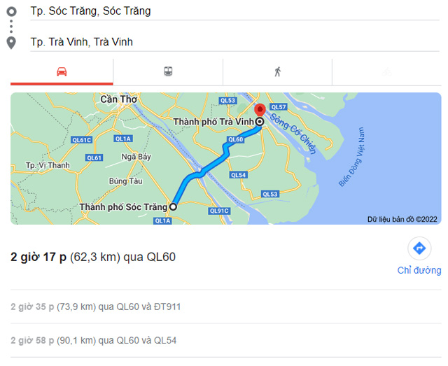 Từ Sóc Trăng đi Trà Vinh bao nhiêu km