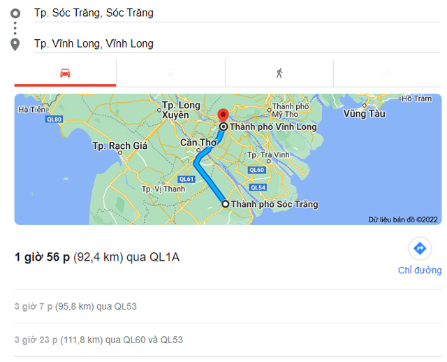 Từ Sóc Trăng đi Long Hồ, Vũng Liêm Vĩnh Long bao nhiêu km