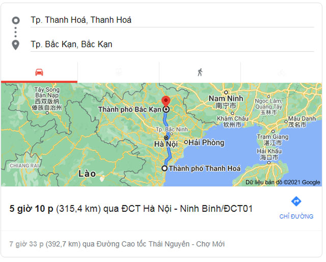 Từ Thanh Hóa đi Bắc Kạn bao nhiêu km