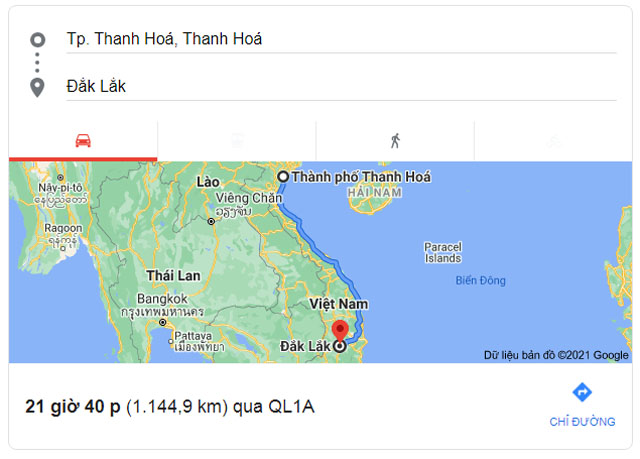 Từ Thanh Hóa đi Đắk Lắk bao nhiêu km