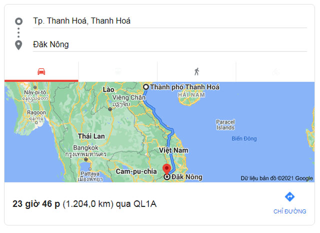 Từ Thanh Hóa đi Đắk Nông bao nhiêu km