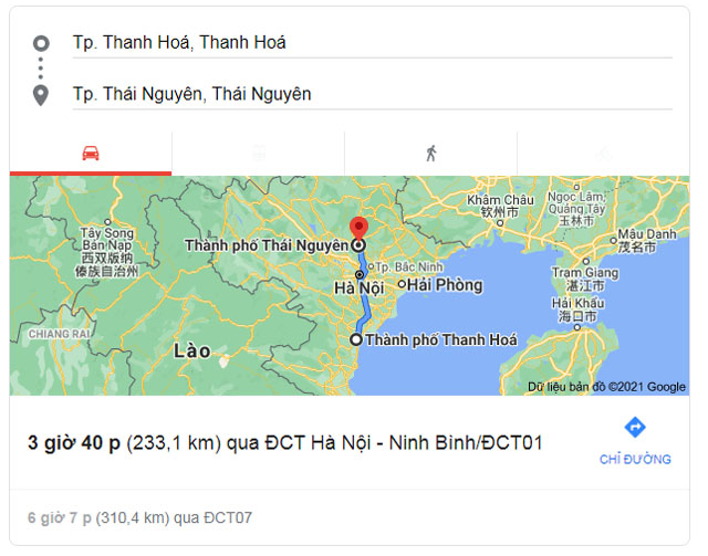 Từ Thanh Hóa đi Thái Nguyên bao nhiêu km