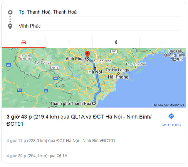 Từ Thanh Hóa đi Vĩnh Phúc bao nhiêu km