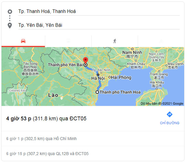 Từ Thanh Hóa đi Yên Bái bao nhiêu km