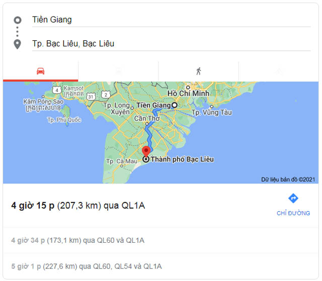 Từ Tiền Giang đi Bạc Liêu bao nhiêu km