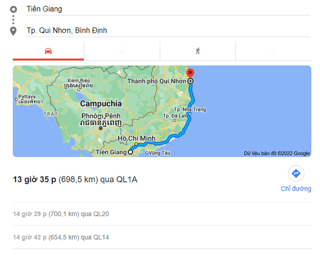 Từ Tiền Giang đi Quy Nhơn Bình Định bao nhiêu km