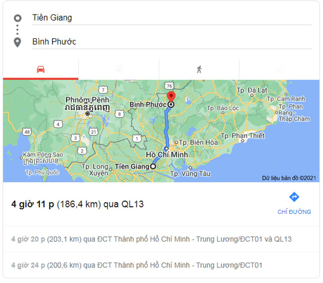 Từ Tiền Giang đi Bình Phước bao nhiêu km