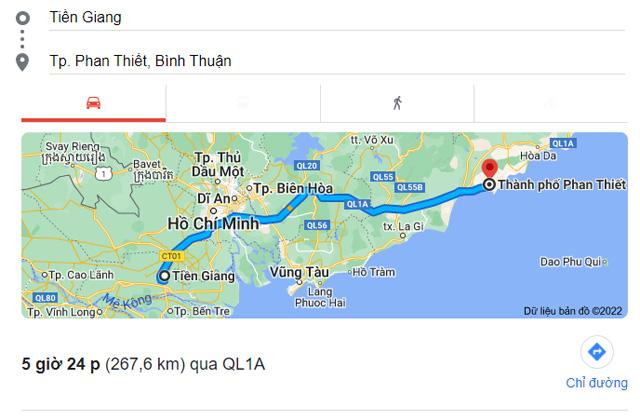 Từ Tiền Giang đi Phan Thiết Bình Thuận bao nhiêu km