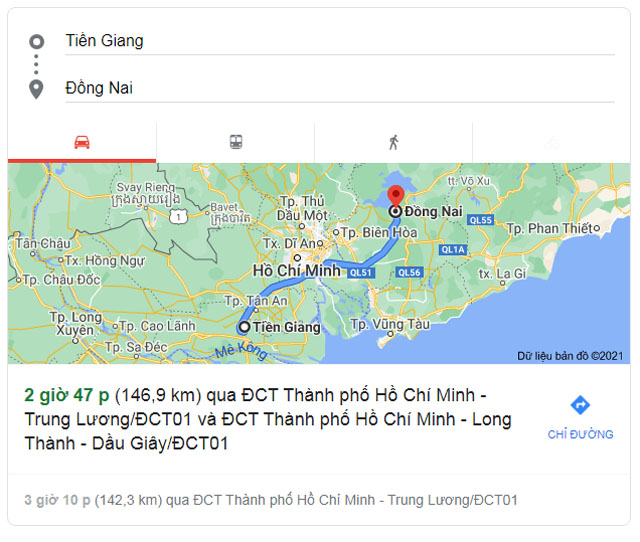 Từ Tiền Giang đi Đồng Nai bao nhiêu km