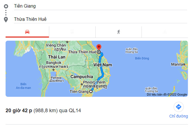 Từ Tiền Giang đi Thừa Thiên Huế bao nhiêu km
