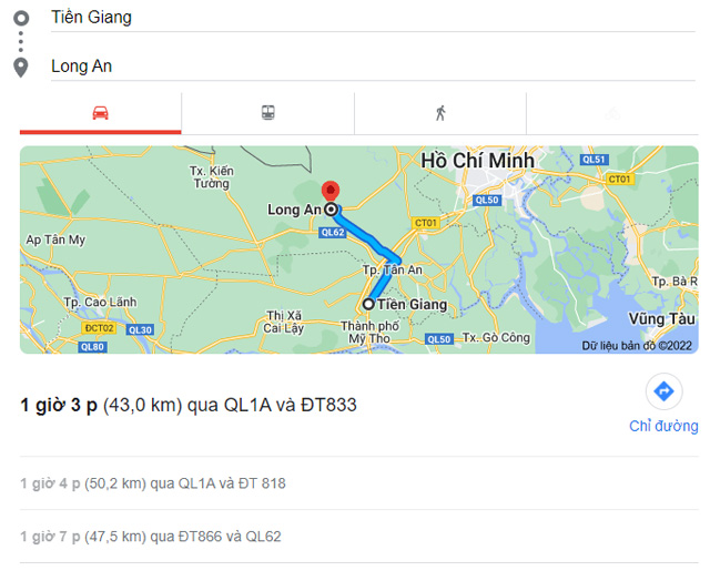 Từ Tiền Giang đi Long An bao nhiêu km