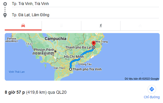 Từ Trà Vinh đi Đà Lạt, Bảo Lộc Lâm Đồng bao nhiêu km