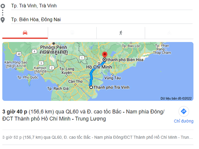 Từ Trà Vinh đi Biên Hòa, Long Thành Đồng Nai bao nhiêu km