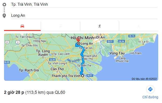 Từ Trà Vinh đi Tân An, Bến Lức Long An bao nhiêu km