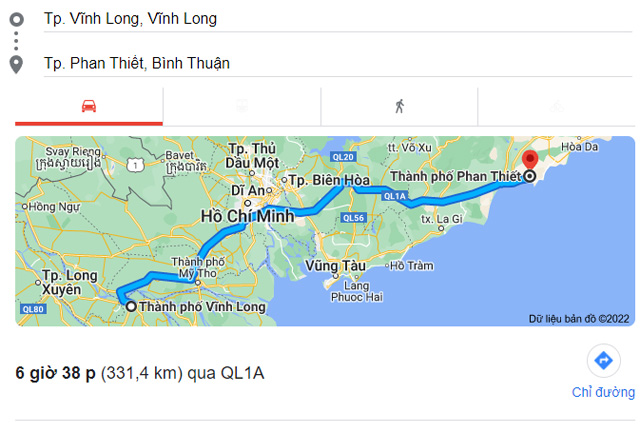 Từ Vĩnh Long đi Phan Thiết Bình Thuận bao nhiêu km