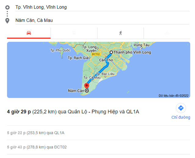 Từ Vĩnh Long đi Năm Căn Cà Mau bao nhiêu km