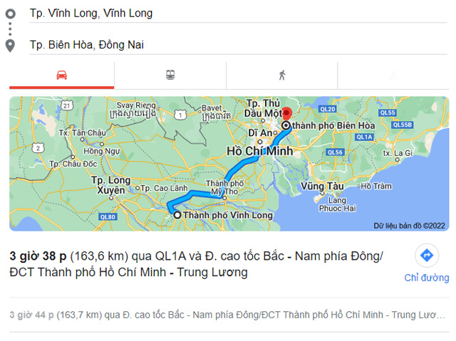 Từ Vĩnh Long đi Biên Hòa, Nhơn Trạch Đồng Nai bao nhiêu km