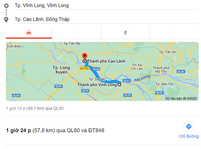 Từ Vĩnh Long đi Cao Lãnh Đồng Tháp bao nhiêu km
