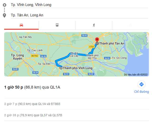 Từ Vĩnh Long đi Bến Lức, Tân An Long An bao nhiêu km