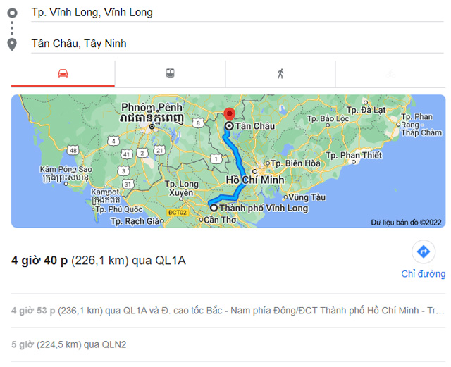 Từ Vĩnh Long đi Tân Châu Tây Ninh bao nhiêu km