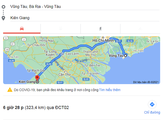 Từ Vũng Tàu đi Kiên Giang bao nhiêu km, mất bao nhiêu tiếng