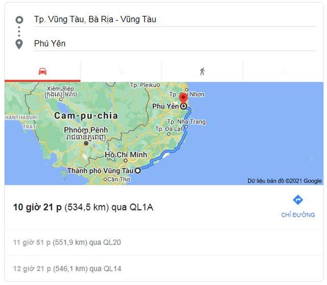 Từ Bà Rịa Vũng Tàu đi Phú Yên bao nhiêu km, mất bao nhiêu tiếng