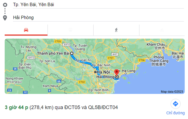 Từ Yên Bái đi Hải Phòng bao nhiêu km, mất bao nhiêu giờ
