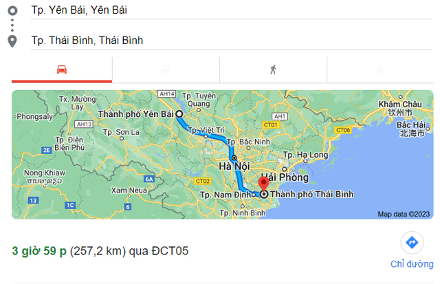 Từ Yên Bái đi Thái Bình bao nhiêu km, mất bao nhiêu giờ