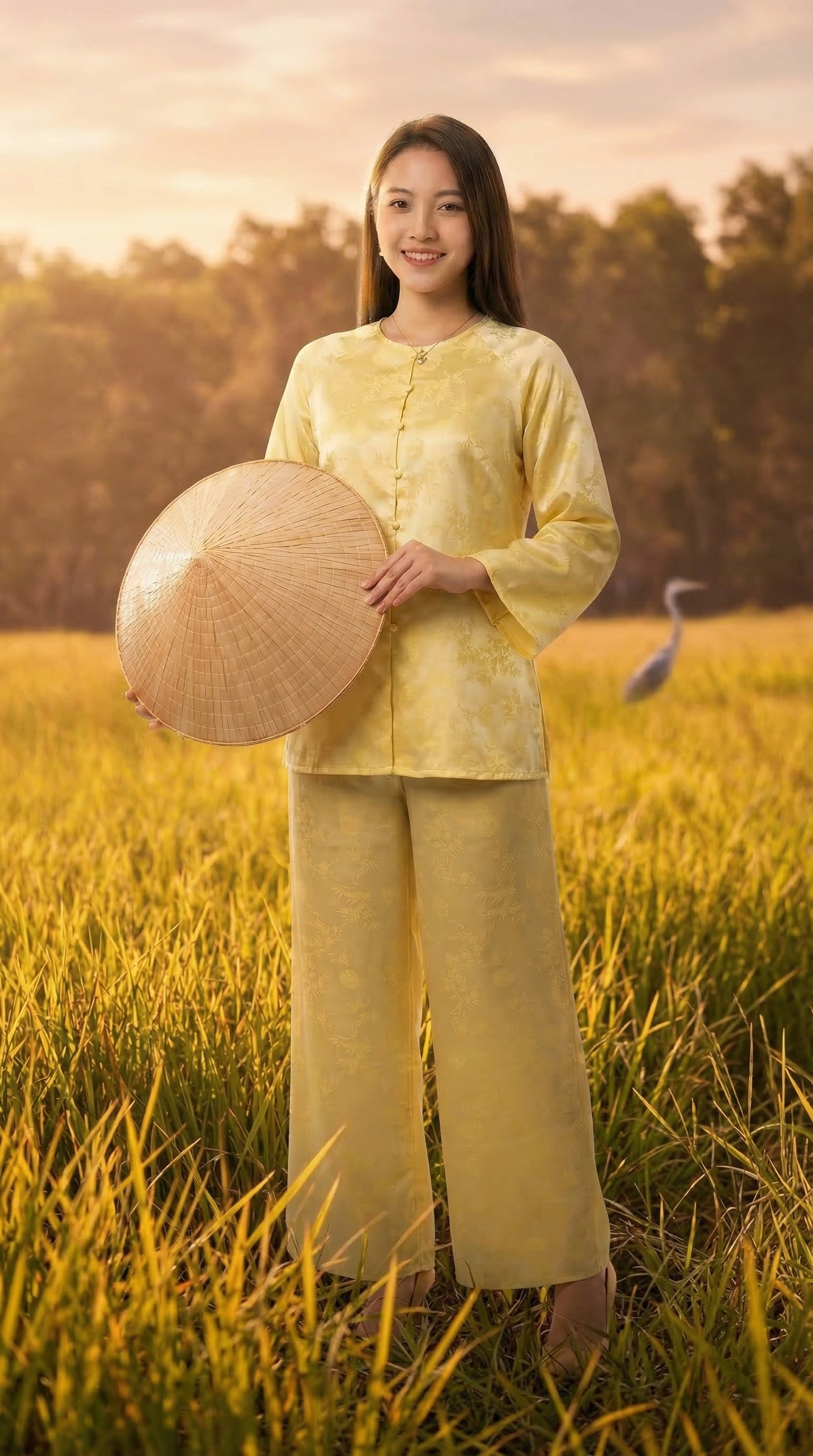 Cô gái áo bà ba vàng giữa cánh đồng cỏ, hậu cảnh có chim sếu