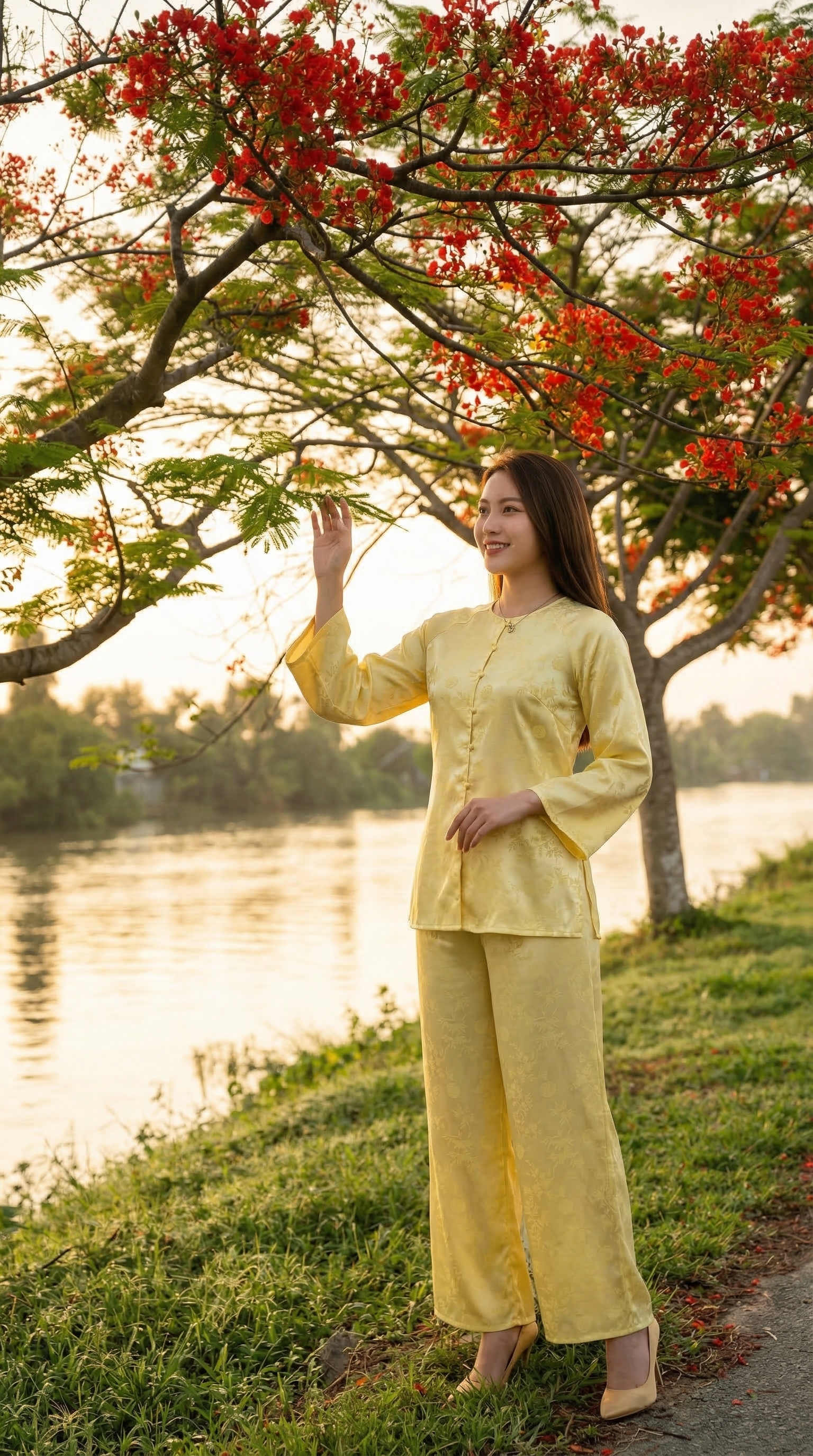 Thảm thực vật ven bờ kênh với cành phượng đỏ rực rỡ tại Tràm Chim