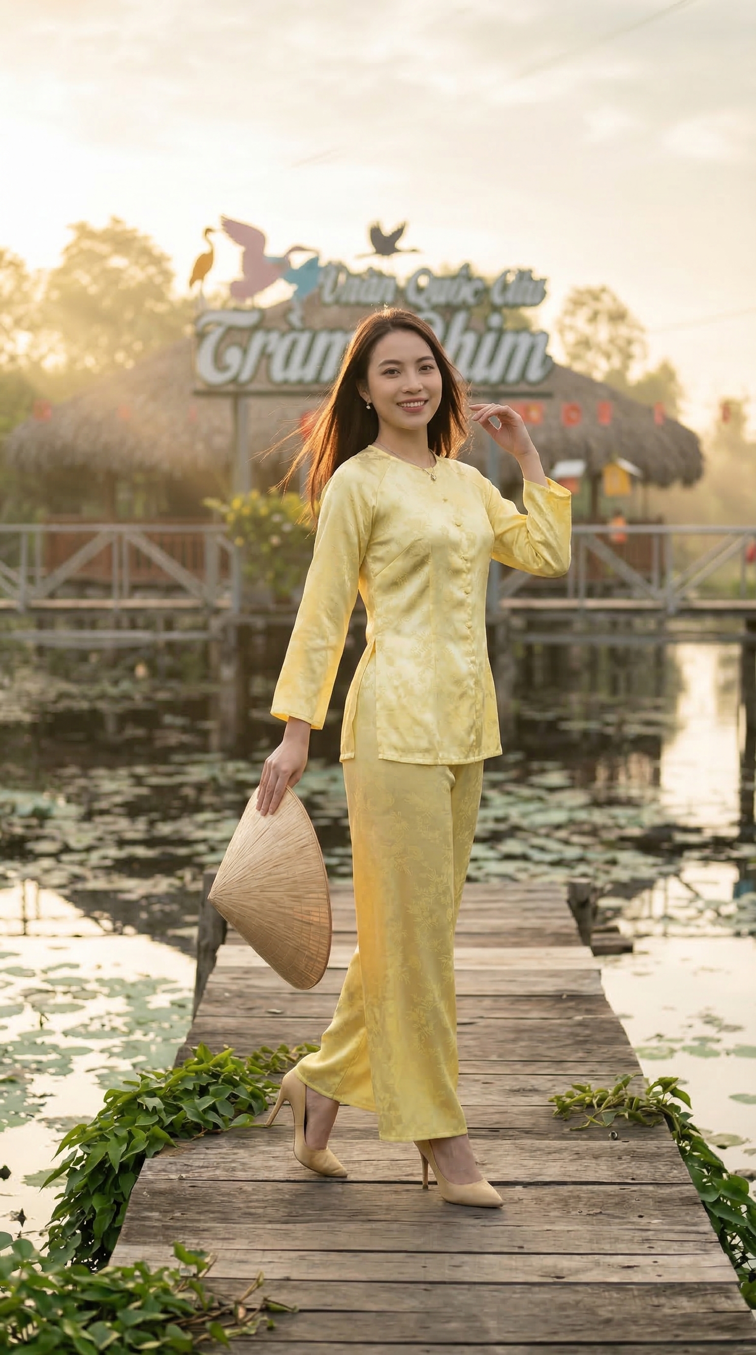 Thả dáng đi trên cầu ván nhỏ giữa đầm nước