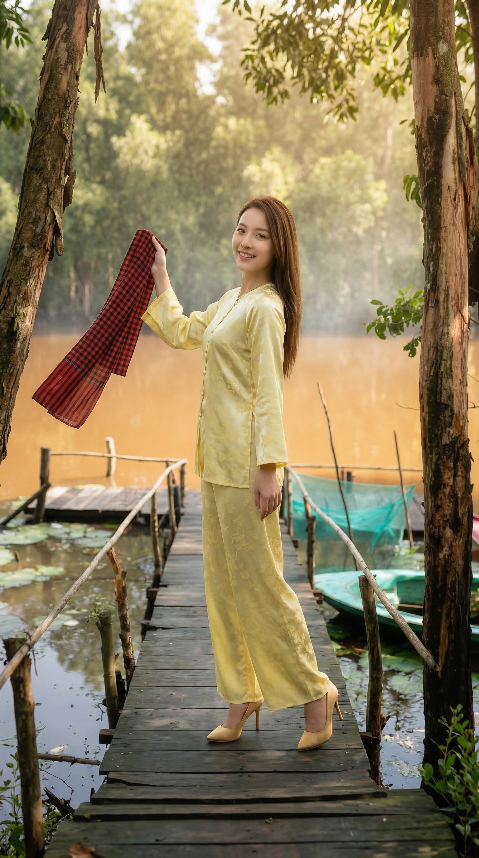 Tung khăn rằn trên cầu gỗ giữa rừng tràm sương mờ