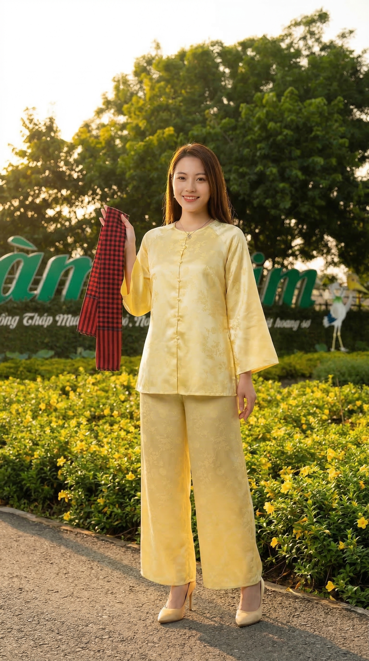 Tạo dáng cùng áo bà ba vàng và khăn rằn bên thảm hoa tại Tràm Chim