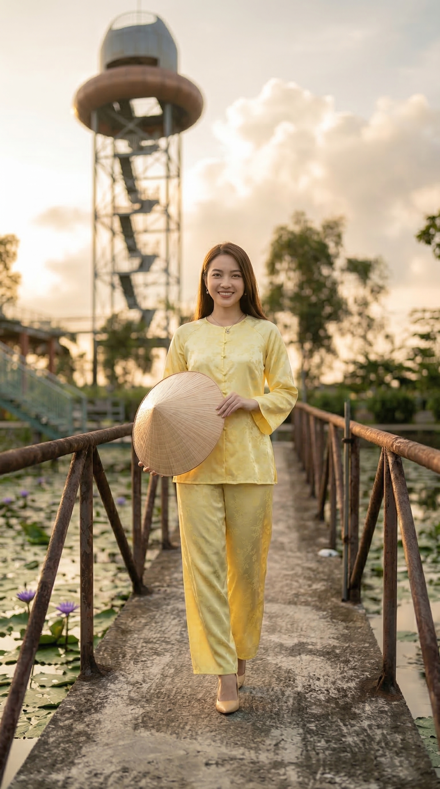 Con đường nhỏ bắc qua đầm hoa súng dẫn tới đài quan sát