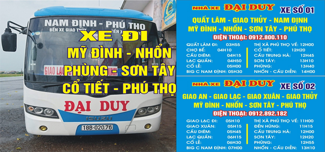 Xe Đại Duy Nam Định đi Phú Thọ