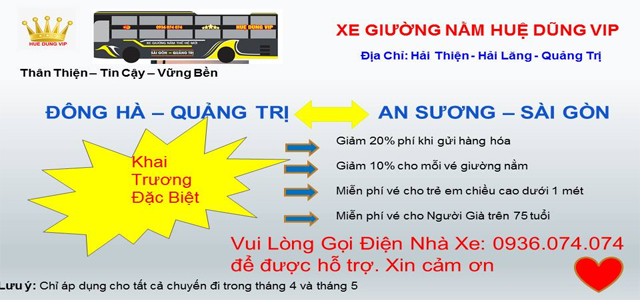 Nhà xe Dũng Huệ Đông Hà Quảng Trị, Sài Gòn số điện thoại, lịch trình, giờ chạy