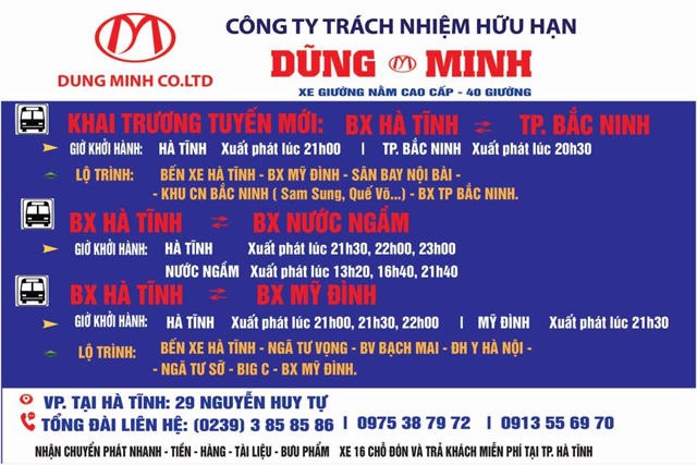 Xe Dũng Minh Limousine từ Hà Tĩnh đi Hà Nội (Mỹ Đình, Nội Bài)