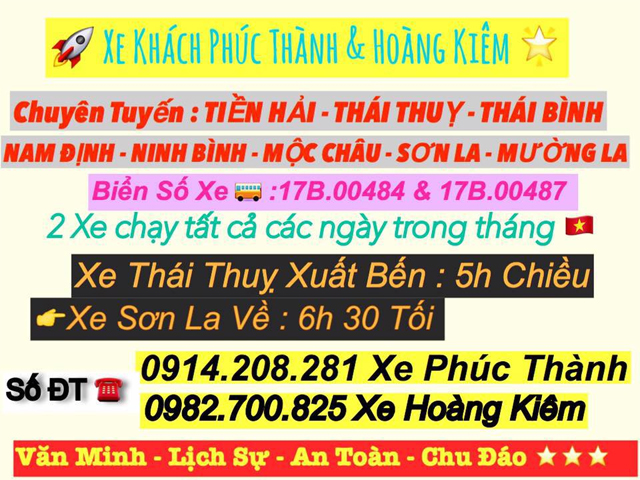 Xe Hoàng Kiêm từ Sơn La đi Thái Bình (Tiền Hải, Thái Thụy)