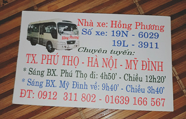 Xe Hồng Phương từ Phú Thọ đi Hà Nội (Mỹ Đình, Giáp Bát, Nội Bài, Bệnh Viện)