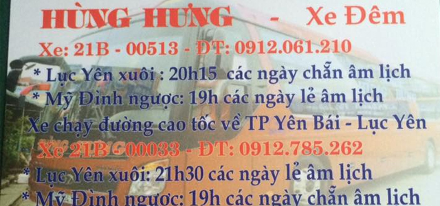Xe Hùng Hưng từ Yên Bái đi Hà Nội (bến xe Mỹ Đình, Yên Nghĩa, Giáp Bát)