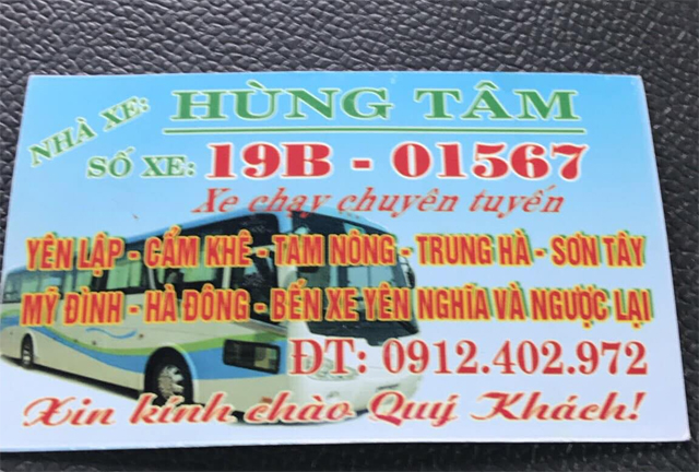 Xe Hùng Tâm từ Phú Thọ đi Hà Nội (Mỹ Đình, Yên Nghĩa, Bệnh Viện)