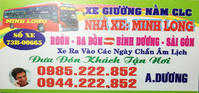 Xe Minh Long Sài Gòn TPHCM đi Quảng Bình (Đồng Hới, Ba Đồn, Lệ Thủy, Tuyên Hóa, Quảng Trạch)