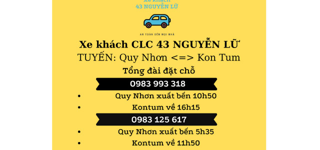 Xe 43 Nguyễn Lữ Quy Nhơn Bình Định đi Kon Tum