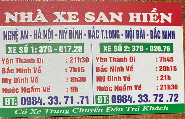 Xe San Hiền từ Nghệ An đi Hà Nội (Giáp Bát, Mỹ Đình, Nước Ngầm)