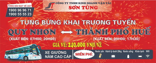 Xe Sơn Tùng Quy Nhơn Bình Định đi Huế: Số điện thoại, giá vé, lịch trình