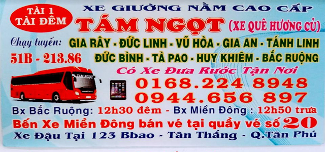 Xe Tám Ngọt từ Sài Gòn Tp.HCM đi Bình Thuận (Gia Rây, Đức Linh, Vũ Hòa, Gia An, Tánh Linh, Đức Bình, Tà Pao, Huy Khiêm, Bắc Ruộng)