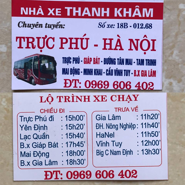 Xe Thanh Khâm từ Nam Định đi Hà Nội (Hoàng Mai, Thăng Long, Nội Bài, Trường Học, Bệnh Viện)