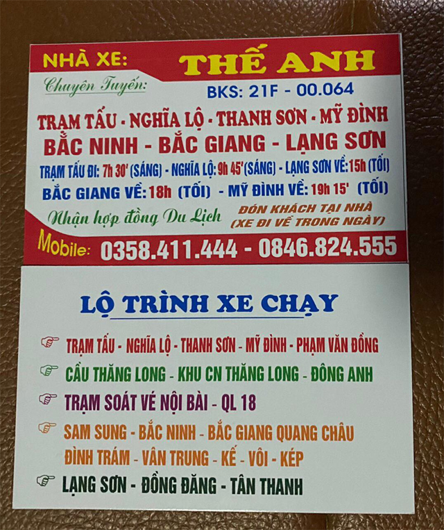 Xe Thế Anh từ Lạng Sơn đi Yên Bái (Trạm Tấu, Nghĩa Lộ, Thanh Sơn)