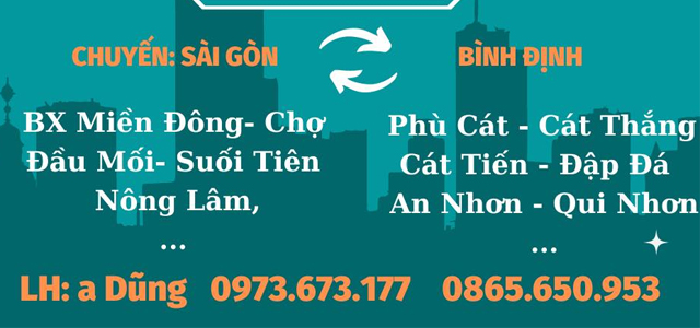 Xe Trung Dũng từ Bình Định đi Sài Gòn (bx Miền Đông, Sóng Thần, Suối Tiên, ĐH Nông Lâm, Thủ Đức, Hiệp Bình Phước)